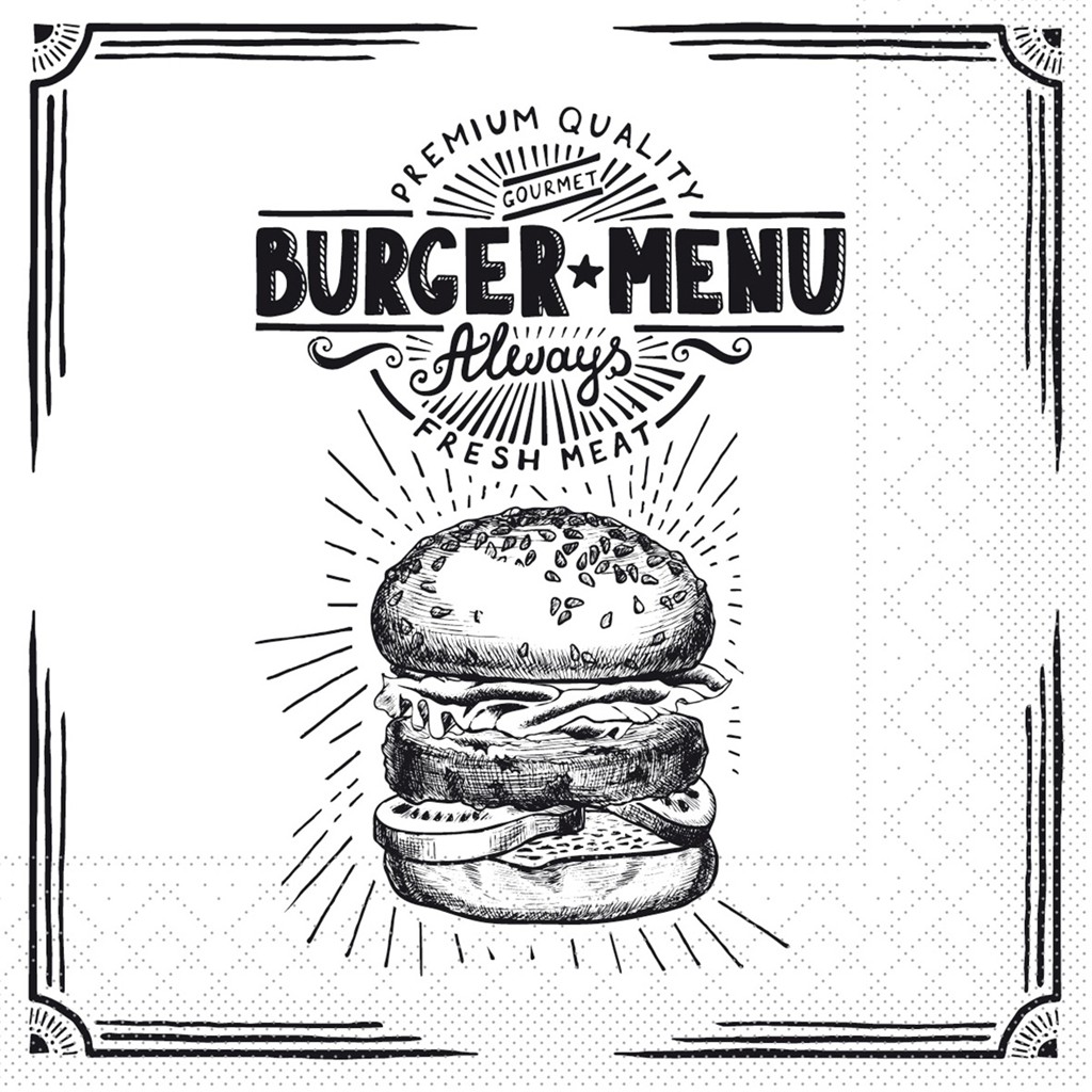 Tissue Serviette Burger Menu 33 x 33 cm 1/4 Falz 3-lg.