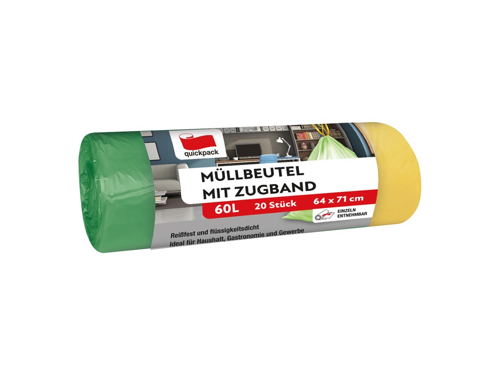 Zugband-Müllbeutel mit Griff, 60 Liter