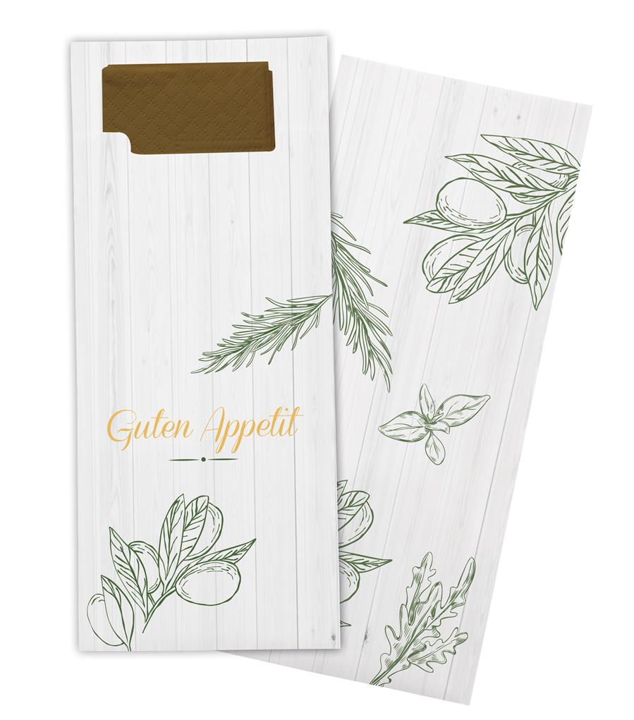 Bestecktasche "Guten Appetit" Olivenzweig Spenderkarton Bestecktasche "Guten Appetit" Olivenzweig Spenderkarton
