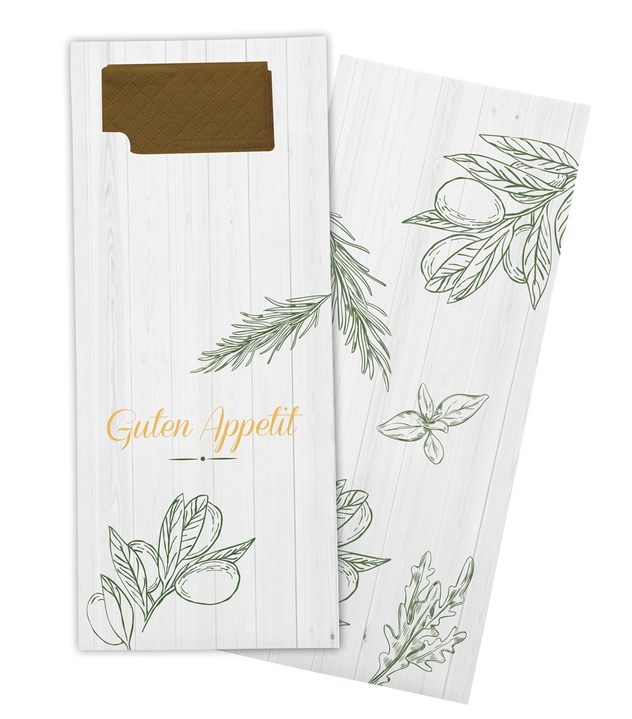 Bestecktasche "Guten Appetit" olivenzwei Olivenzweig Spenderkarton