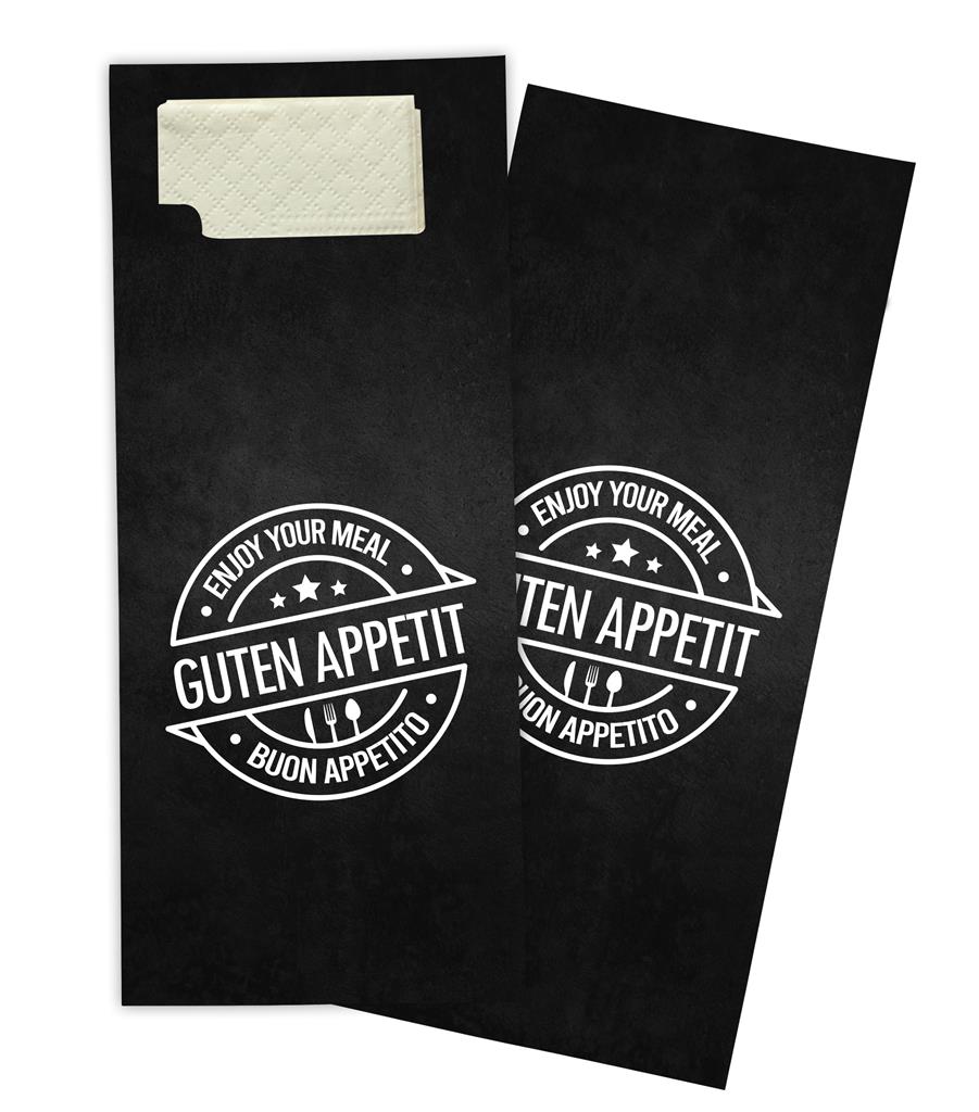 Bestecktasche "Guten Appetit" schwarz Spenderkarton Bestecktasche "Guten Appetit" schwarz Spenderkarton