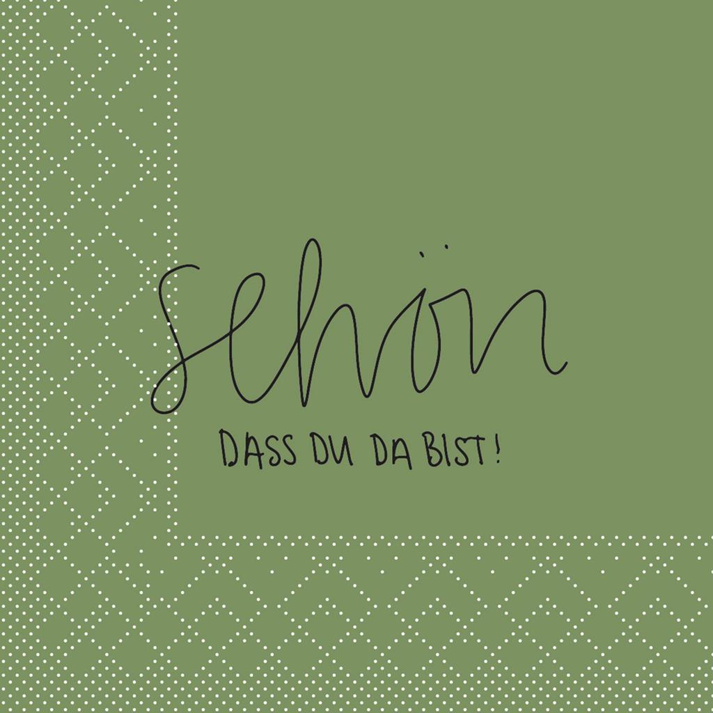 Tissue 3-lg Serviette Schön, dass du da  24 x 24 cm 1/4 Falz, oliv